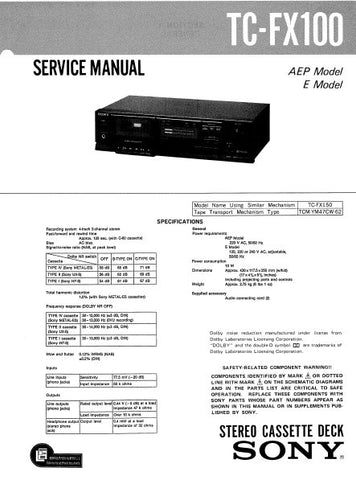 SONY TC-FX100 STEREO CASSETTE TAPE DECK SERVICE MANUAL INC PCBS SCHEM DIAG AND PARTS LIST 14 PAGES ENG