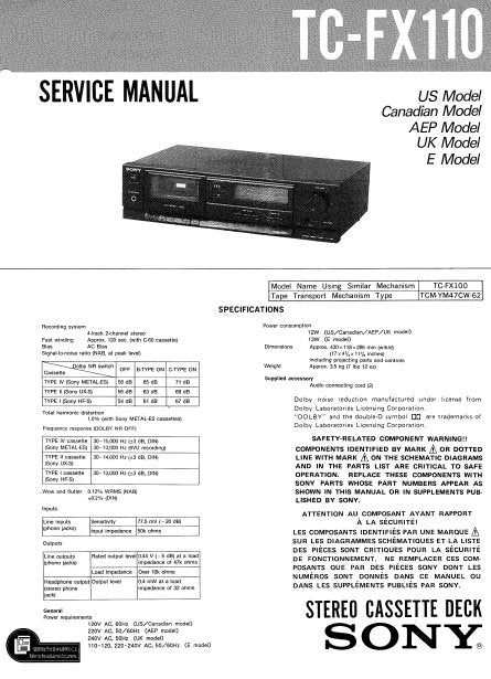 SONY TC-FX110 STEREO CASSETTE TAPE DECK SERVICE MANUAL INC PCBS SCHEM DIAG AND PARTS LIST 14 PAGES ENG