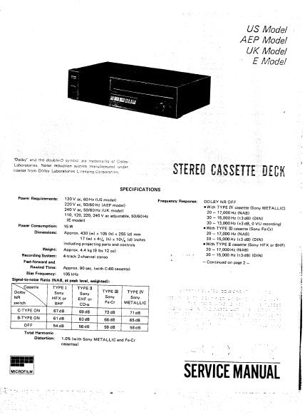 SONY TC-FX20 STEREO CASSETTE TAPE DECK SERVICE MANUAL INC BLK DIAG PCBS SCHEM DIAG AND PARTS LIST 47 PAGES ENG