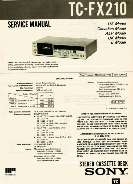 SONY TC-FX210 STEREO CASSETTE TAPE DECK SERVICE MANUAL INC BLK DIAG PCBS SCHEM DIAG AND PARTS LIST 14 PAGES ENG