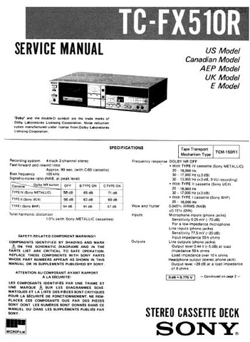 SONY TC-FX510R STEREO CASSETTE TAPE DECK SERVICE MANUAL INC BLK DIAG PCBS SCHEM DIAG AND PARTS LIST 35 PAGES ENG