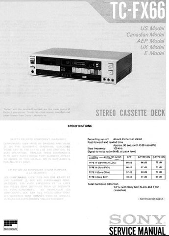 SONY TC-FX66 STEREO CASSETTE TAPE DECK SERVICE MANUAL INC BLK DIAGS PCBS SCHEM DIAGS AND PARTS LIST 55 PAGES ENG