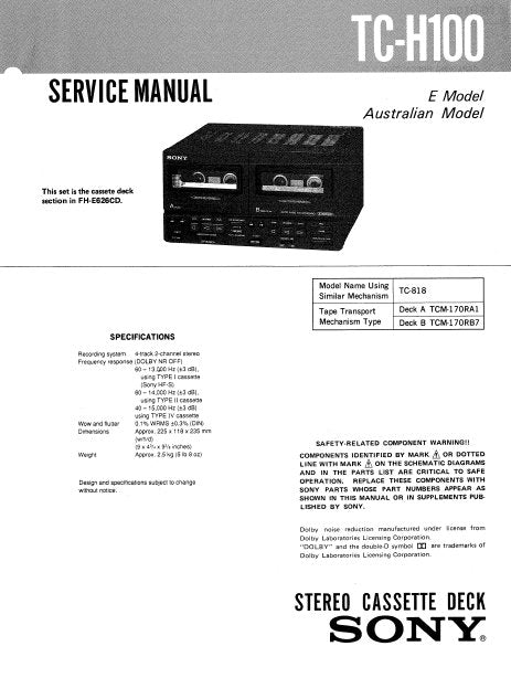 SONY TC-H100 STEREO DOUBLE CASSETTE TAPE DECK SERVICE MANUAL INC BLK DIAG PCBS SCHEM DIAG AND PARTS LIST 19 PAGES ENG