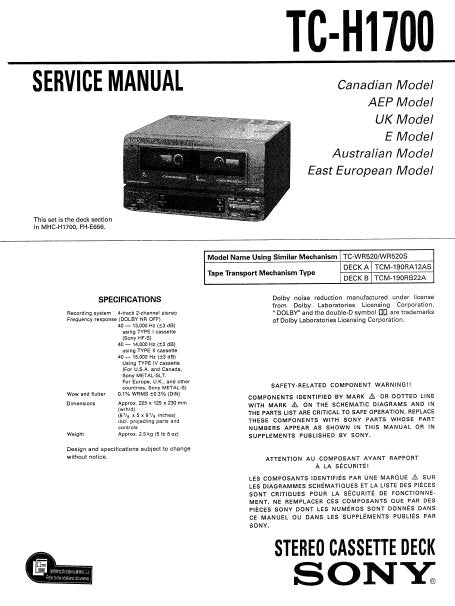 SONY TC-H1700 STEREO CASSETTE TAPE DECK SERVICE MANUAL INC BLK DIAG PCBS SCHEM DIAGS AND PARTS LIST 37 PAGES ENG