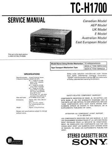 SONY TC-H1700 STEREO CASSETTE TAPE DECK SERVICE MANUAL INC BLK DIAG PCBS SCHEM DIAGS AND PARTS LIST 37 PAGES ENG