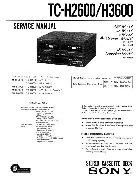 SONY TC-H2600 TC-H3600 STEREO CASSETTE TAPE DECK SERVICE MANUAL INC BLK DIAG PCBS SCHEM DIAGS AND PARTS LIST 38 PAGES ENG