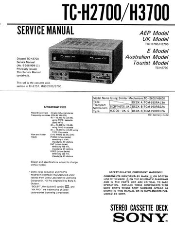 SONY TC-H2700 TC-H3700 STEREO CASSETTE TAPE DECK SERVICE MANUAL INC BLK DIAG PCBS SCHEM DIAGS AND PARTS LIST 39 PAGES ENG