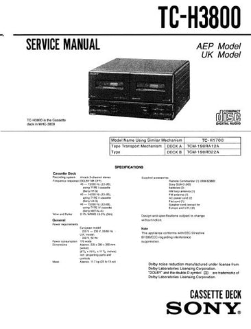 SONY TC-H3800 STEREO CASSETTE TAPE DECK SERVICE MANUAL INC BLK DIAG PCBS SCHEM DIAGS AND PARTS LIST 25 PAGES ENG