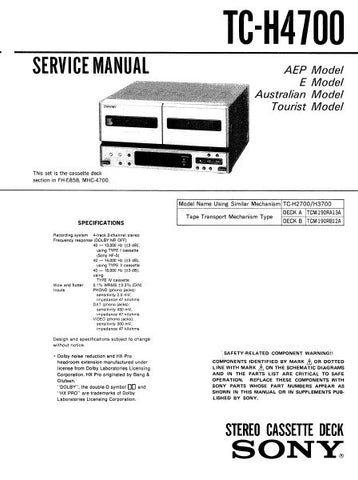SONY TC-H4700 STEREO DOUBLE CASSETTE TAPE DECK SERVICE MANUAL INC BLK DIAG PCBS SCHEM DIAGS AND PARTS LIST 36 PAGES ENG