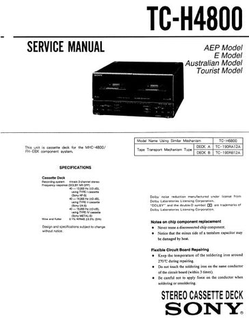 SONY TC-H4800 STEREO DOUBLE CASSETTE TAPE DECK SERVICE MANUAL INC BLK DIAG PCBS SCHEM DIAGS AND PARTS LIST 28 PAGES ENG