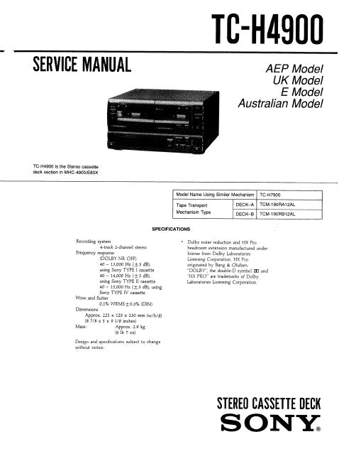 SONY TC-H4900 STEREO DOUBLE CASSETTE TAPE DECK SERVICE MANUAL INC BLK DIAG PCBS SCHEM DIAGS AND PARTS LIST 32 PAGES ENG