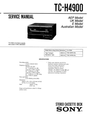 SONY TC-H4900 STEREO DOUBLE CASSETTE TAPE DECK SERVICE MANUAL INC BLK DIAG PCBS SCHEM DIAGS AND PARTS LIST 32 PAGES ENG