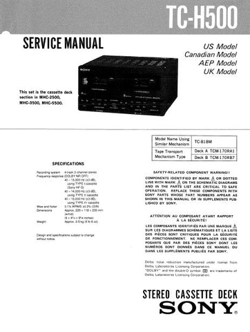 SONY TC-H500 STEREO CASSETTE TAPE DECK SERVICE MANUAL INC BLK DIAG PCBS SCHEM DIAG AND PARTS LIST 19 PAGES ENG