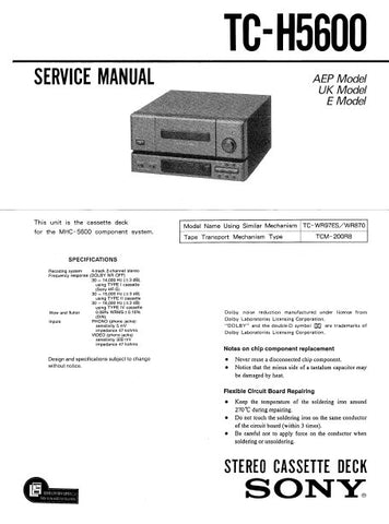 SONY TC-H5600 STEREO CASSETTE TAPE DECK SERVICE MANUAL INC BLK DIAG PCBS SCHEM DIAGS AND PARTS LIST 44 PAGES ENG