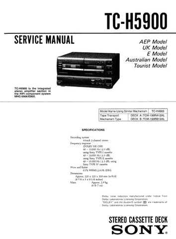 SONY TC-H5900 STEREO DOUBLE CASSETTE TAPE DECK SERVICE MANUAL INC BLK DIAG PCBS SCHEM DIAGS AND PARTS LIST 32 PAGES ENG