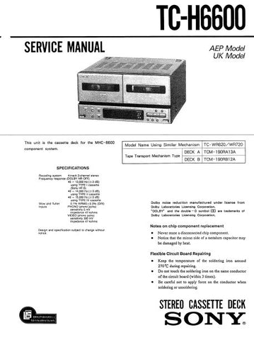 SONY TC-H6600 STEREO DOUBLE CASSETTE TAPE DECK SERVICE MANUAL INC BLK DIAG PCBS SCHEM DIAGS AND PARTS LIST 37 PAGES ENG