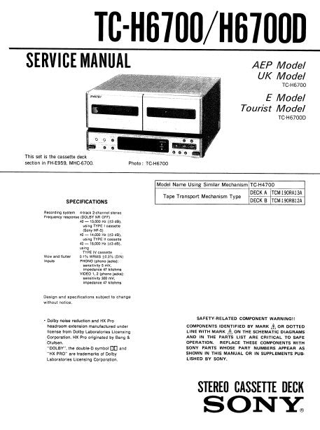 SONY TC-H6700 TC-H6700D STEREO DOUBLE CASSETTE TAPE DECK SERVICE MANUAL INC BLK DIAG PCBS SCHEM DIAGS AND PARTS LIST 37 PAGES ENG