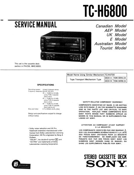 SONY TC-H6800 STEREO DOUBLE CASSETTE TAPE DECK SERVICE MANUAL INC PCBS SCHEM DIAGS AND PARTS LIST 38 PAGES ENG