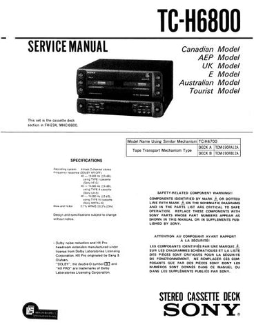 SONY TC-H6800 STEREO DOUBLE CASSETTE TAPE DECK SERVICE MANUAL INC PCBS SCHEM DIAGS AND PARTS LIST 38 PAGES ENG