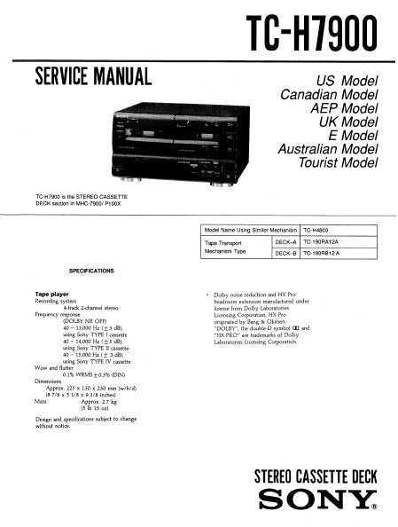 SONY TC-H7900 STEREO DOUBLE CASSETTE TAPE DECK SERVICE MANUAL INC BLK DIAG PCBS SCHEM DIAGS AND PARTS LIST 33 PAGES ENG