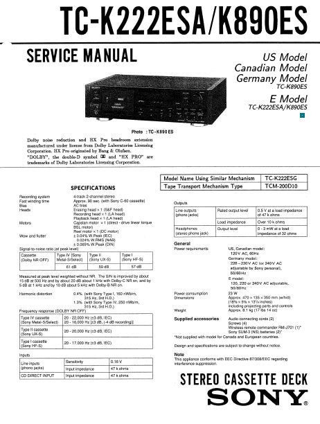 SONY TC-K222ESA TC-K890ES STEREO CASSETTE TAPE DECK SERVICE MANUAL INC SCHEM DIAG AND PARTS LIST 12 PAGES ENG