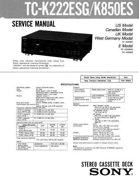 SONY TC-K222ESG TC-K850ES STEREO CASSETTE TAPE DECK SERVICE MANUAL