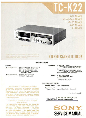 SONY TC-K22 STEREO CASSETTE TAPE DECK SERVICE MANUAL INC BLK DIAG PCBS SCHEM DIAG AND PARTS LIST 24 PAGES ENG