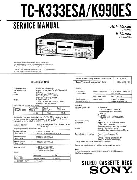 SONY TC-K333ESA TC-K990ES STEREO CASSETTE TAPE DECK SERVICE MANUAL INC BLK DIAG PCBS SCHEM DIAGS AND PARTS LIST 47 PAGES ENG