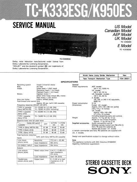 SONY TC-K333ESG TC-K950ES STEREO CASSETTE TAPE DECK SERVICE MANUAL INC BLK DIAG PCBS SCHEM DIAGS AND PARTS LIST 35 PAGES ENG