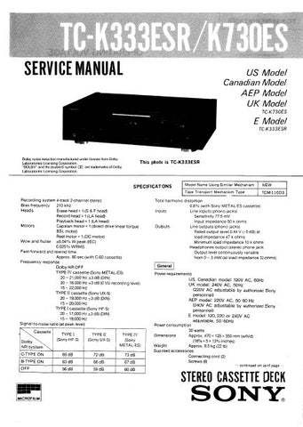 SONY TC-K333ESR TC-K730ES STEREO CASSETTE TAPE DECK SERVICE MANUAL INC PCBS SCHEM DIAGS AND PARTS LIST 36 PAGES ENG