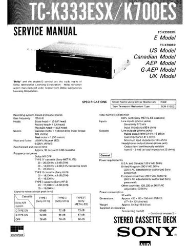 SONY TC-K333ESX TC-K700ES STEREO CASSETTE TAPE DECK SERVICE MANUAL INC SCHEM DIAGS AND PARTS LIST 40 PAGES ENG