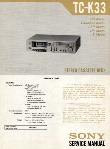 SONY TC-K33 STEREO CASSETTE TAPE DECK SERVICE MANUAL INC BLK DIAG PCBS SCHEM DIAG AND PARTS LIST 22 PAGES ENG