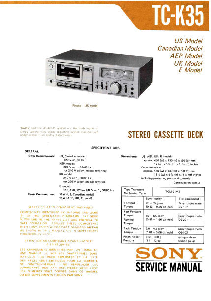 SONY TC-K35 STEREO CASSETTE TAPE DECK SERVICE MANUAL INC BLK DIAG PCBS SCHEM DIAG AND PARTS LIST 33 PAGES ENG