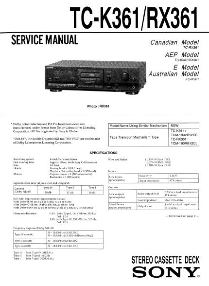 SONY TC-K361 TC-RX361 STEREO CASSETTE TAPE DECK SERVICE MANUAL INC BLK DIAG PCBS SCHEM DIAGS AND PARTS LIST 27 PAGES ENG