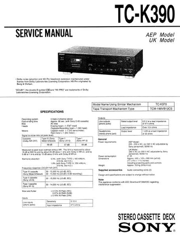 SONY TC-K390 STEREO CASSETTE TAPE DECK SERVICE MANUAL INC SCHEM DIAGS AND PARTS LIST 26 PAGES ENG