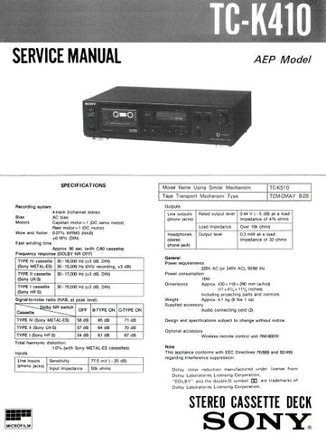 SONY TC-K410 STEREO CASSETTE TAPE DECK SERVICE MANUAL INC PCBS SCHEM DIAGS AND PARTS LIST 18 PAGES ENG