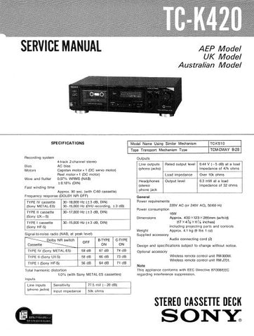 SONY TC-K420 STEREO CASSETTE TAPE DECK SERVICE MANUAL INC PCBS SCHEM DIAG AND PARTS LIST 19 PAGES ENG