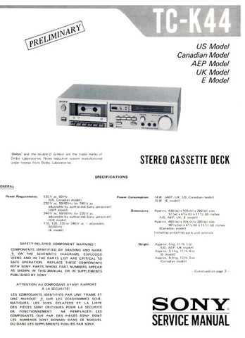 SONY TC-K44 STEREO CASSETTE TAPE DECK SERVICE MANUAL INC PCBS SCHEM DIAG AND PARTS LIST 10 PAGES ENG