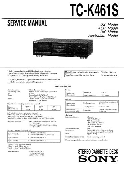 SONY TC-K461S STEREO CASSETTE TAPE DECK SERVICE MANUAL INC BLK DIAG PCBS SCHEM DIAGS AND PARTS LIST 28 PAGES ENG