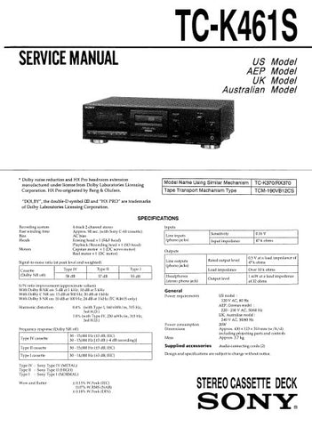 SONY TC-K461S STEREO CASSETTE TAPE DECK SERVICE MANUAL INC BLK DIAG PCBS SCHEM DIAGS AND PARTS LIST 28 PAGES ENG