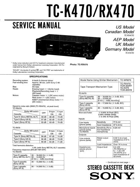 SONY TC-K470 TC-RX470 STEREO CASSETTE TAPE DECK SERVICE MANUAL INC BLK DIAG PCBS SCHEM DIAG AND PARTS LIST 25 PAGES ENG