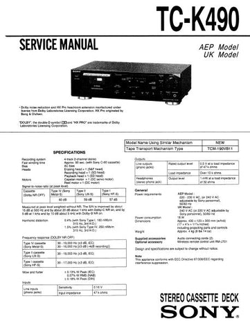 SONY TC-K490 STEREO CASSETTE TAPE DECK SERVICE MANUAL INC BLK DIAG PCBS SCHEM DIAG AND PARTS LIST 27 PAGES ENG