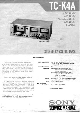 SONY TC-K4A STEREO CASSETTE TAPE DECK SERVICE MANUAL INC BLK DIAG PCBS SCHEM DIAG AND PARTS LIST 30 PAGES ENG