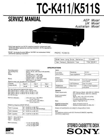 SONY TC-K511S TC-K411 STEREO CASSETTE DECK SERVICE MANUAL INC PCBS SCHEM DIAG AND PARTS LIST 33 PAGES ENG