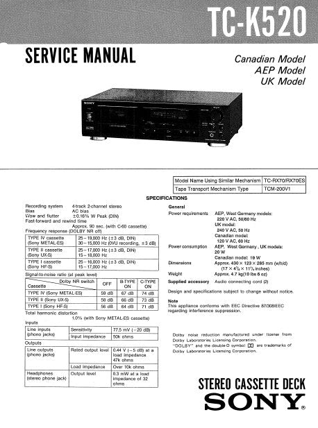 SONY TC-K520 STEREO CASSETTE TAPE DECK SERVICE MANUAL INC BLK DIAGS PCBS SCHEM DIAG AND PARTS LIST 22 PAGES ENG