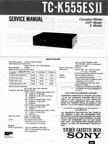 SONY TC-K555ESII STEREO CASSETTE TAPE DECK SERVICE MANUAL INC BLK DIAG PCBS SCHEM DIAGS AND PARTS LIST 29 PAGES ENG