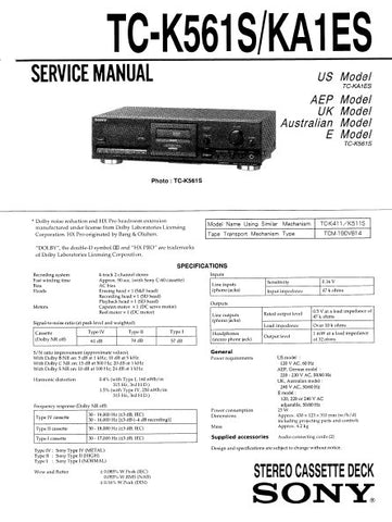 SONY TC-K561S TC-KA1ES STEREO CASSETTE TAPE DECK SERVICE MANUAL INC BLK DIAGS PCBS SCHEM DIAGS AND PARTS LIST 28 PAGES ENG