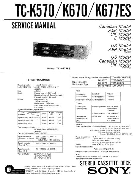 SONY TC-K570 TC-K670 TC-K677ES STEREO CASSETTE TAPE DECK SERVICE MANUAL INC PCBS SCHEM DIAGS AND PARTS LIST 32 PAGES ENG