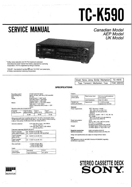 SONY TC-K590 STEREO CASSETTE TAPE DECK SERVICE MANUAL INC PCBS SCHEM DIAGS AND PARTS LIST 31 PAGES ENG