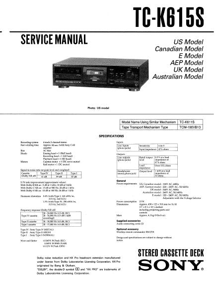 SONY TC-K615S STEREO CASSETTE TAPE DECK SERVICE MANUAL INC BLK DIAG PCBS SCHEM DIAGS AND PARTS LIST 28 PAGES ENG